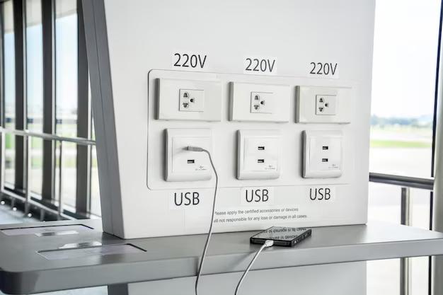 Общественная зарядная станция в аэропорту с розетками 220 вольт и USB-зарядками, телефон подключен кабелем к USB-зарядке
