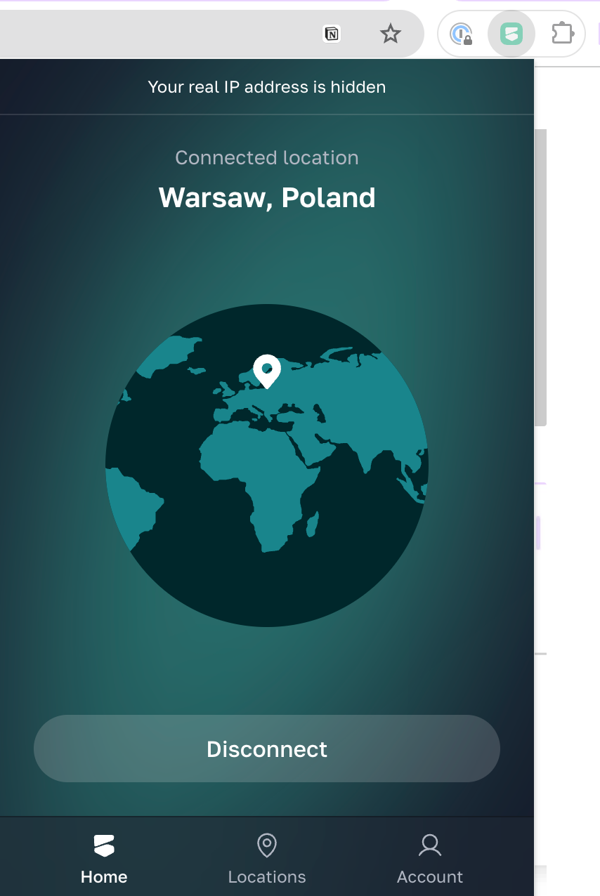 Расширение BlancVPN подключено к локации