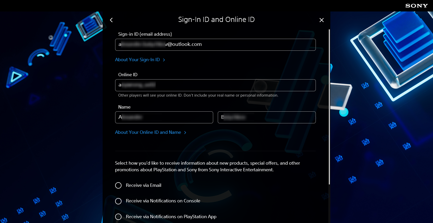 Скриншот верхней части раздела Sign-In ID and Online ID