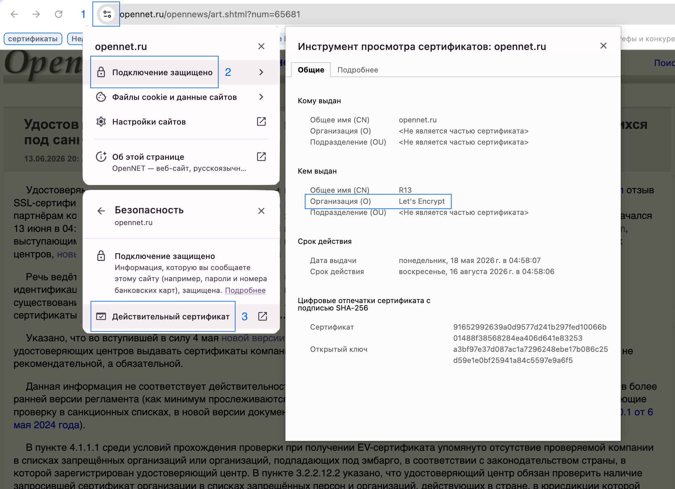 Наглядная инструкция-скриншот с открытыми вкладками "Подключение защищено" и "Действительный сертификат"