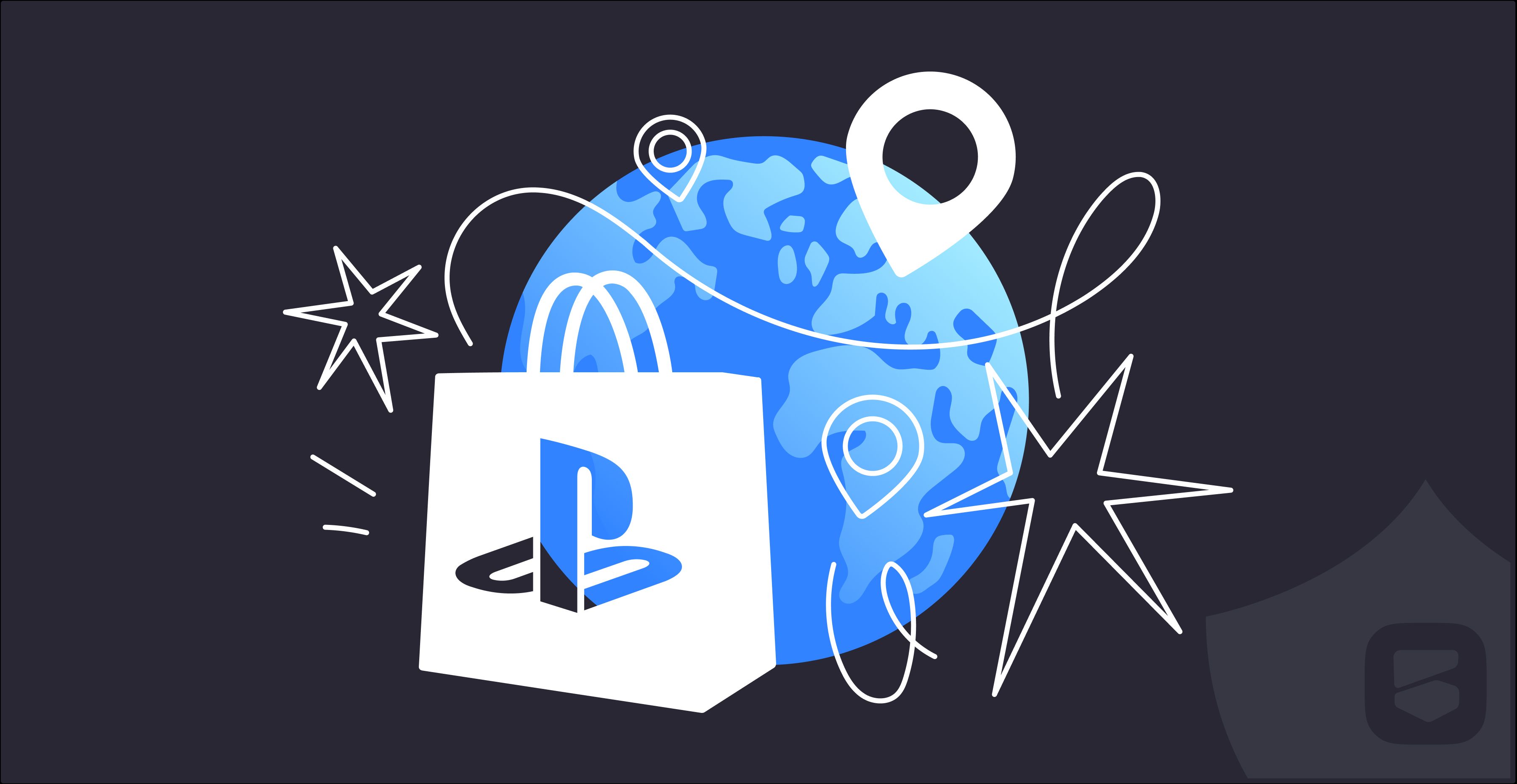 Пакет с покупками из магазина PS Store на фоне земного шара