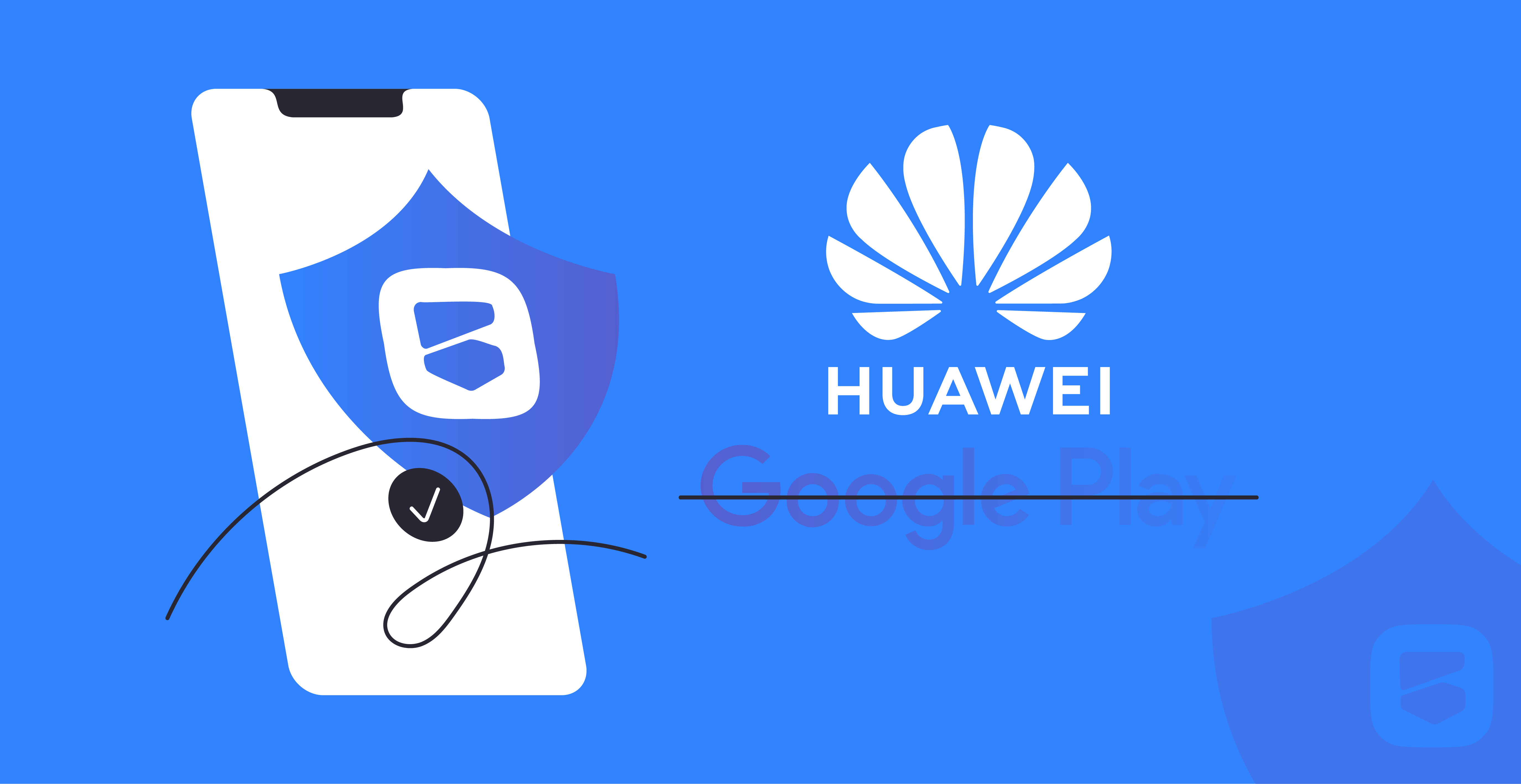Смартфон под защитой VPN, логотип Huawei и зачеркнутый логотип Google Play
